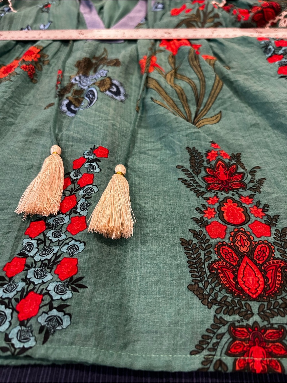 THML Clothing Green Floral Peasant Tunic Blouse with Ruffle Sleeves, Tassels L - Picture 14 of 16